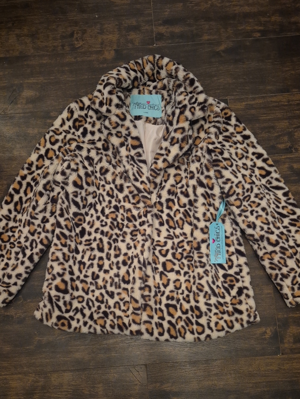 Southern Fried Chics Faux Fur Jacket L Leopard Print Mob Wife Plush Winter Coat